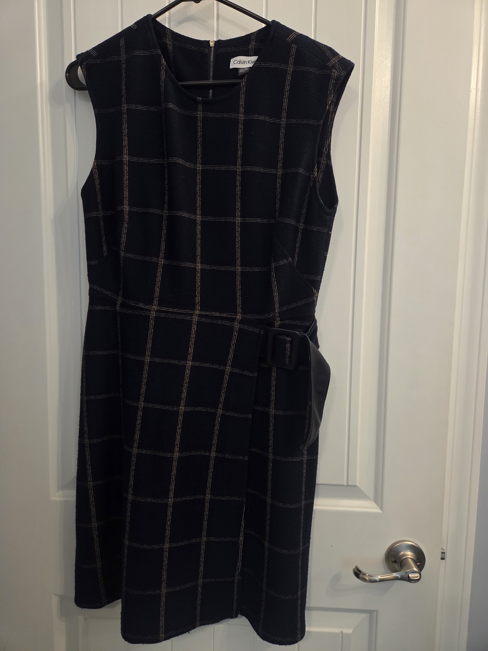 Calvin Klein Navy Windowpane Belted Sheath Dress